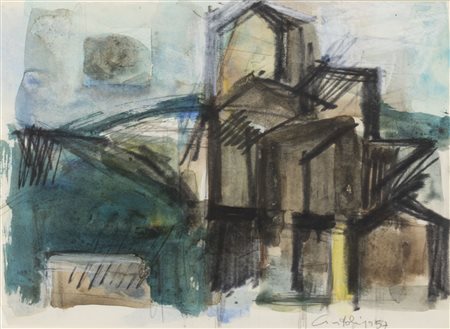 Claudio Cintoli (Imola 1935 - Roma 1978)  - Paesaggio con case, 1957