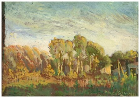 SANTI MACCHIA Pisa 1884 – Pisa 1964 Alberi al tramonto / Ronchi 1942 Olio su...