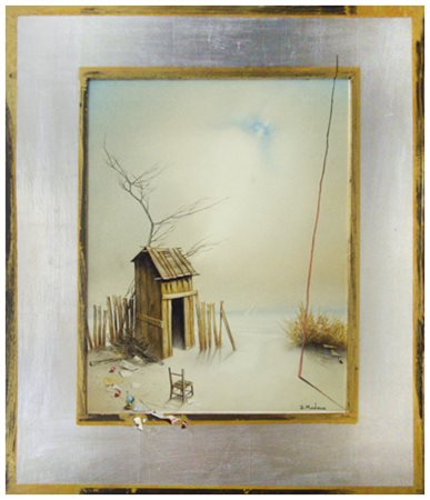 DARIO MODENA Milano 1952 La baracchina Olio e fogli oro e argento su tela 50...