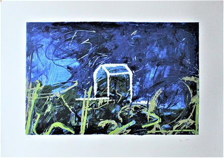 MARIO SCHIFANO, "Veduta notturna", Serigrafia materica a smalto su carta, Dim. 70x100, Al fronte: tiratura 145/199 in basso a sinistra, firmato in basso a destra