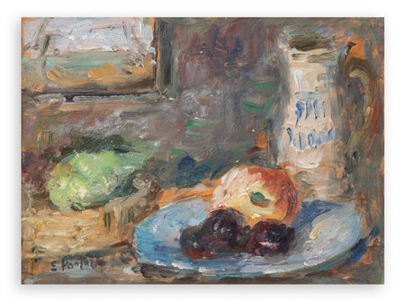 EZIO PASTORIO (1911-2006) - La brocca bianca e azzurra con frutta, 1989