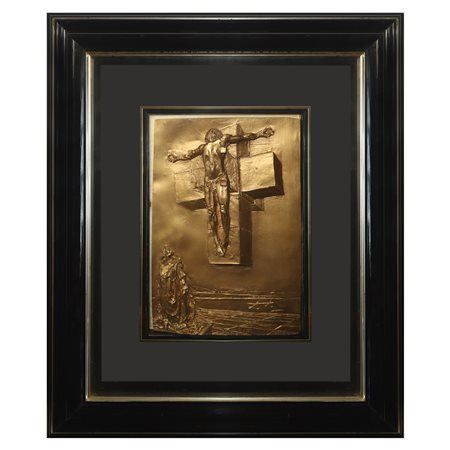 Salvador Dalì (Spanish 1904 - 1989)  - Corpus Hypercubus, bassorilievo su lamina oro