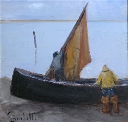 Gaetano Bocchetti(1888-1990).Marina con barche. Olio su tela.Cm.30 x 30.
