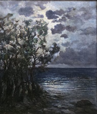 Andrea Figari (1858-1945).Olio su tela.Marina al chiar di luna.Cm.56 x 65