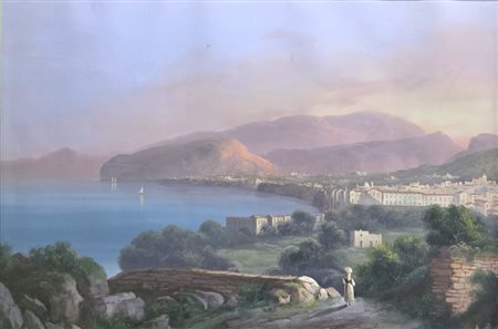 Emmanuel Meuris (1894-1969).Veduta di Pozzuoli.Tempera.Cm.51 x 71