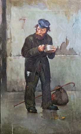 Artista europeo,XIX secolo.Mendicante.Olio su tela.Cm.29 x 49