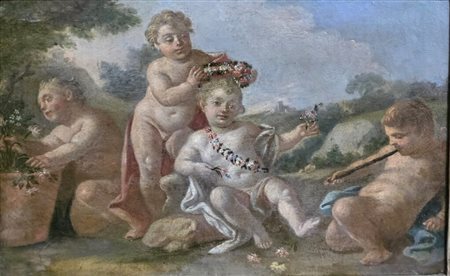 Scuola veneta,XVIII secolo.Gioco di putti.Olio su tela.Cm.28 x 45