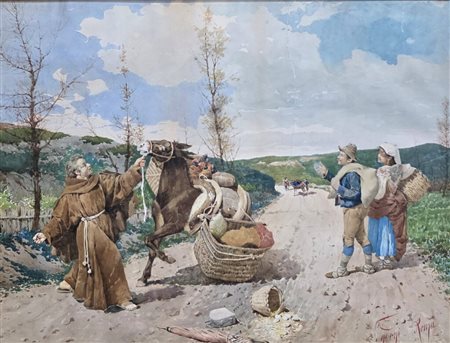 Filippo Indoni (1842-1908).Monaco e asino.Acquerello.Cm.47 x 62.