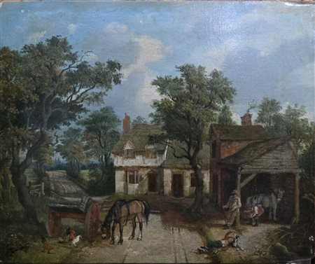 Artista fiammingo,XVII-XVIII secolo.Paesaggio.Olio su tela.Cm.31,5 x 38,5