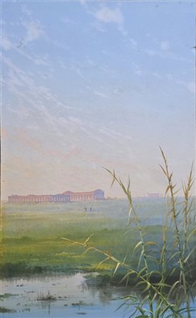 Scuola napoletana,XIX secolo.Paestum.Tempera.Cm.20 x 33