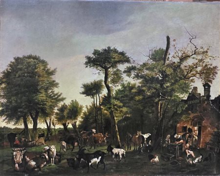 Artista fiammingo,XVII-XVIII secolo.La fattoria.Olio su tela.Cm.60 x 70.