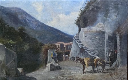 Artista napoletano,XIX secolo.Scorcio di Gragnano.Cm.31 x 50