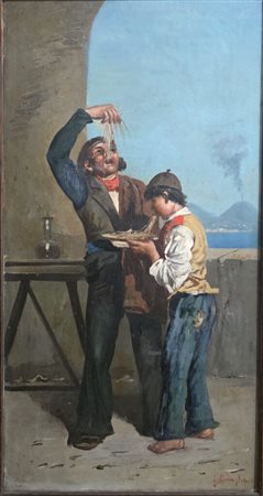 Giuseppe Cimaglia(1849-1905) Mangiaspaghetti.Cm.33 x 63