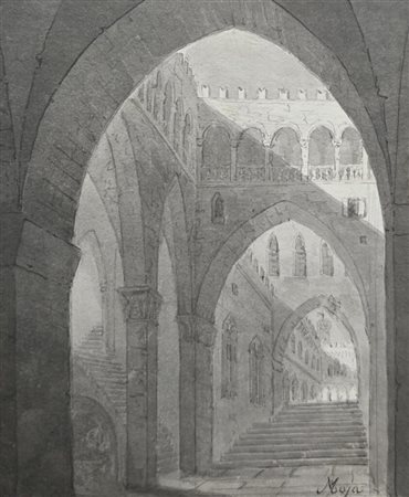 Federico Moja(1802-1885)Attr.a Interno di Abbazia.Cm.12,5 x 15