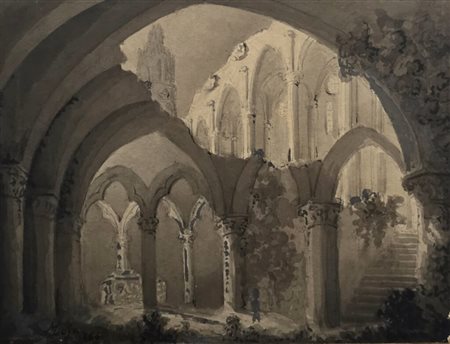 Federico Moja (1802-1885).Attr.a.Interno di Abbazia.Cm.13 x 16,5