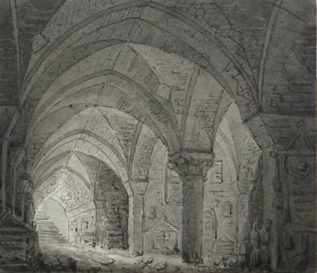 Federico Moja (1802-1885).Attr.a Interno di abbazia.Cm.13,5 x 15,5