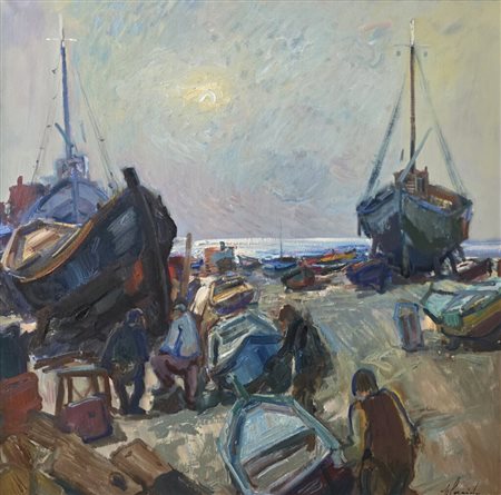 Errico Placido (1909-1983).Barche in sosta.Cm.100 x 100