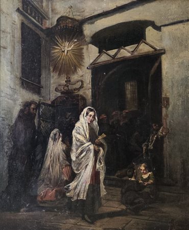 Gustavo Simoni (1845-1926).Sacro e profano.Olio su tela.Cm.62 x 75