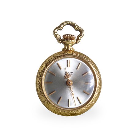 Orologio/pendentif dorato in oro giallo con smalti blu e decoro floreale dorato