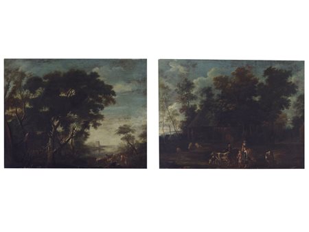Scuola romana (XVIII secolo) Coppia di paesaggi con figure e armenti olio su...