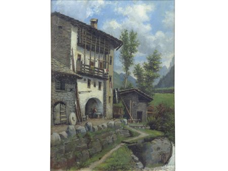 Firma illeggibile (XX secolo) Casolari olio su cartoncino 33x24.5 cm