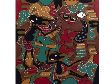 George Lilanga (1934-2005) Wewe Mboma Kichwa Chaco Kimamoto Sana olio su...