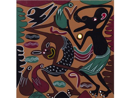 George Lilanga (1934-2005) Ngota Niku Saidie Kaka olio su masonite 30,5x30,5 cm
