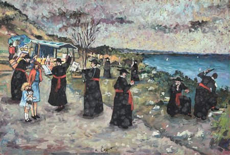 Nino Caffe' (1909 - 1975) GITA AL MARE, 1961 olio su tavola, cm 20x30 firma...