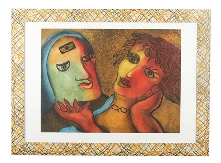 Enrico Baj (Milano, 31/10/1924 - Vergiate, 16/06/2003) 
“Amanti” 1990
Acquaforte e acquatinta a colori su carta Cm 60x80