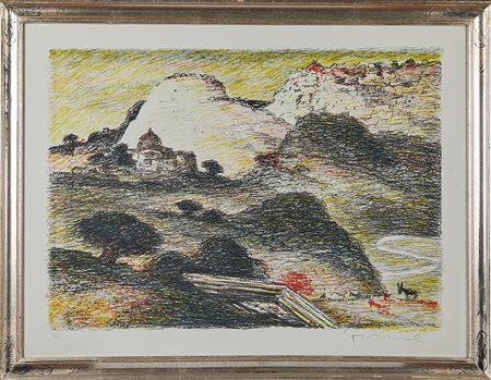 Salvatore Fiume (Comiso, 23/10/1915 - Milano, 03/06/1997) 
"Paesaggio" 
Litografia a colori su carta Cm 60x80
