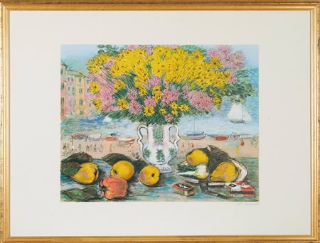 Michele Cascella (Ortona, 07/09/1892 - Milano, 31/08/1989) 
"Natura morta a Portofino" 
Litografia a colori su carta Cm foglio: 65x86