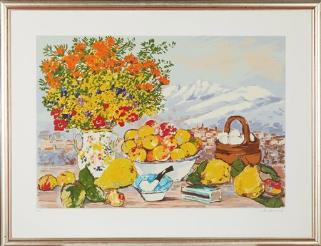 Michele Cascella (Ortona, 07/09/1892 - Milano, 31/08/1989) 
"Natura morta a Cortina". 
Litografia a colori su carta Cm foglio: 65x87