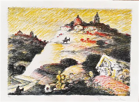Salvatore Fiume (Comiso, 23/10/1915 - Milano, 03/06/1997) 
"Paesaggio" 
Litografia a colori su carta Cm foglio: 60x80
