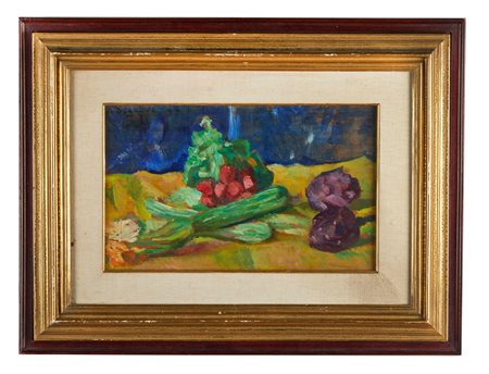 EDOARDO GORDIGIANI (Firenze 1866 - Popolano 1961) "Natura morta", 1949. Olio su tavola. Cm 25x39,5. Opera firmata e datata in alto a sinistra Gordigiani 49.