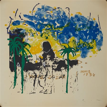 Mario Schifano (Homs, 20/09/1934 - Roma, 26/01/1998) 
"Banca popolare 1988 - 1989" 
Litografia con interventi serigrafici su carta Cm 70x70