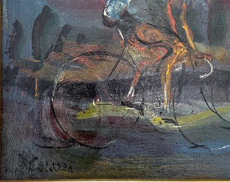 Nino Corrado Corazza (Bologna, 22/08/1897 - Bologna, 10/03/1975) 
"Ciclisti" 
Olio su tela Cm 30x40