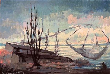 VOLTOLINO FONTANI (Livorno 1920 - 1976) "Bocca d'Arno", 1969. Olio su tavola. Cm 40x60. Opera firmata in basso a sinistra Voltolino Fontani. Opera firmata, datata e intitolata al retro Voltolino Fontanti 1969 Bocca d'Arno. Opera dedicata al retro.