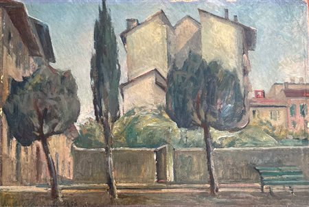 UMBERTO BENEDETTI (Firenze 1895 - 1951) "Firenze, Piazza Galileo Ferraris", 1950. Olio su cartone. Cm 35x52. Opera firmata e datata in basso a sinistra Umberto Benedetti 1950. Al retro opera datata, intitolata e firmata. 