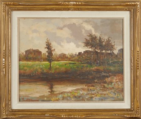 Garzia Fioresi (Vigevano, 03/06/1888 - Bologna, 29/03/1968) 
"Paesaggio palustre" 
olio su tavola Cm 38x51