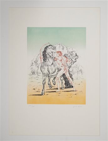 Giorgio De Chirico (Volo, 10/07/1888 - Roma, 20/11/1978) 
“Arciere con cavallo” 
Incisione a vernice molle e acquatinta a 4 colori su carta Cm 70x50