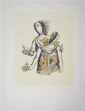 Giorgio De Chirico (Volo, 10/07/1888 - Roma, 20/11/1978) 
“Gli archeologi" 
Litografia a 7 colori su carta Cm 70x52,5