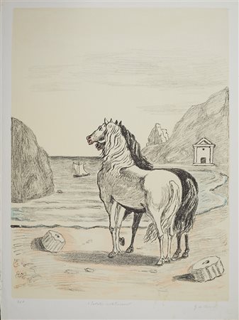 Giorgio De Chirico (Volo, 10/07/1888 - Roma, 20/11/1978) 
“Cavalli mediterranei” 
Litografia a 4 colori su carta Cm 71x53
