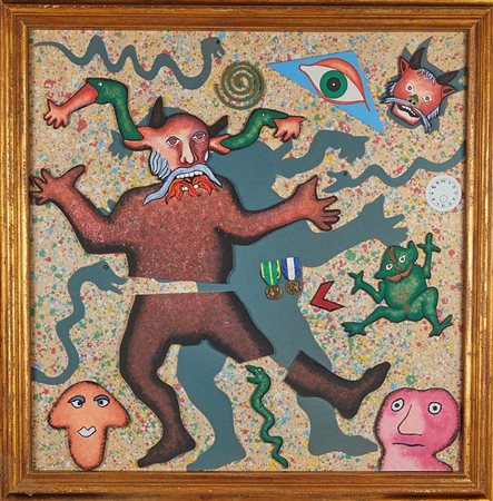 Enrico Baj (Milano, 31/10/1924 - Vergiate, 16/06/2003) 
"La piccola apocalisse" 
Litografia e collage su tavola Cm 88,5x8