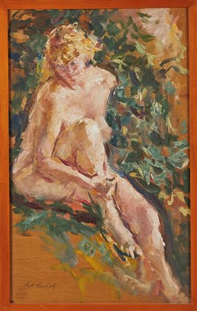 Ugo Guidi (Comacchio 1923 – Bologna 2007) "Fanciulla in giardino" Olio su tavola Cm 60x36,5