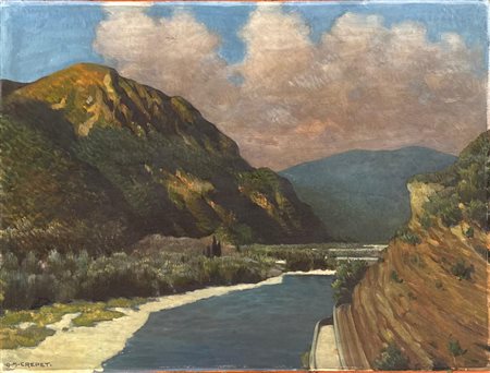 Angelo Maria  Crepet (Mestre, 1885 - Firenze, 1974) 
"Paesaggio" 
Olio su tavola Cm 65,5x80
