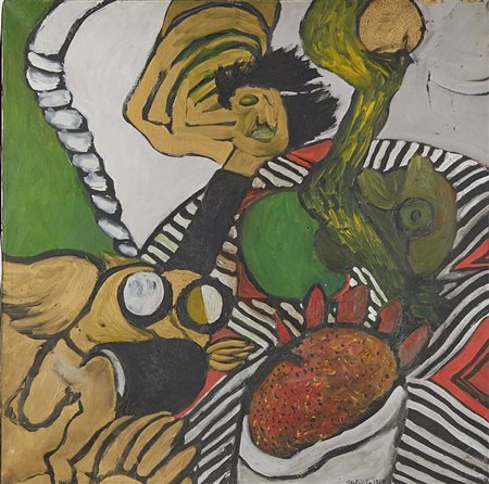 Antonio Saliola (Bologna, 28/09/1939 - Bologna, 10/03/2024) 
"(Strettamente abbracciata a lui) ovvero: due lettere per Margherita" 
Olio su tela Cm 90x90