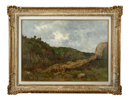 Guglielmo  Pizzirani ( Bologna, 1886 - Bologna , 1971) 
"Paesaggio" 
Olio su faesite Cm 52x70,5