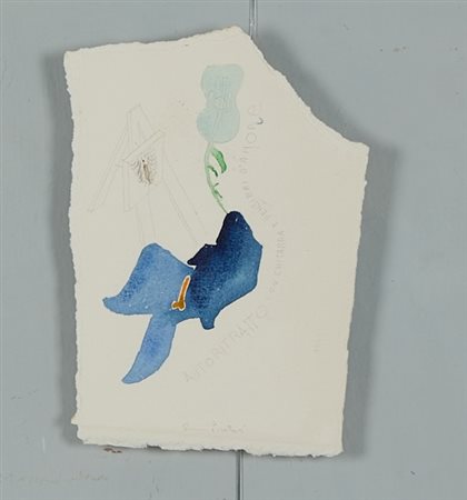 Giovanni Pintori (Tresnuraghes, 1912 - Milano, 1999) 
 "Autoritratto con chitarra e pensieri d'amore" 
Tecnica mista e acquerello su carta Cm 23x15