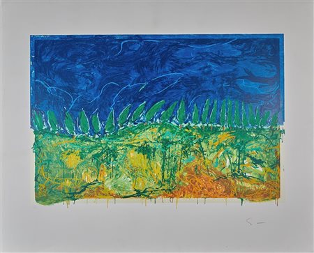 Mario Schifano (Homs, 20/09/1934 - Roma, 26/01/1998) 
"Senza titolo" 
Serigrafia polimaterica su carta Cm 100x120