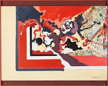 Mario Nanni (Castellina in chianti, 1922 - Bologna, 2019) 
 "Mappa" 
 Olio, tecnica mista e collage su tavola Cm 41x51